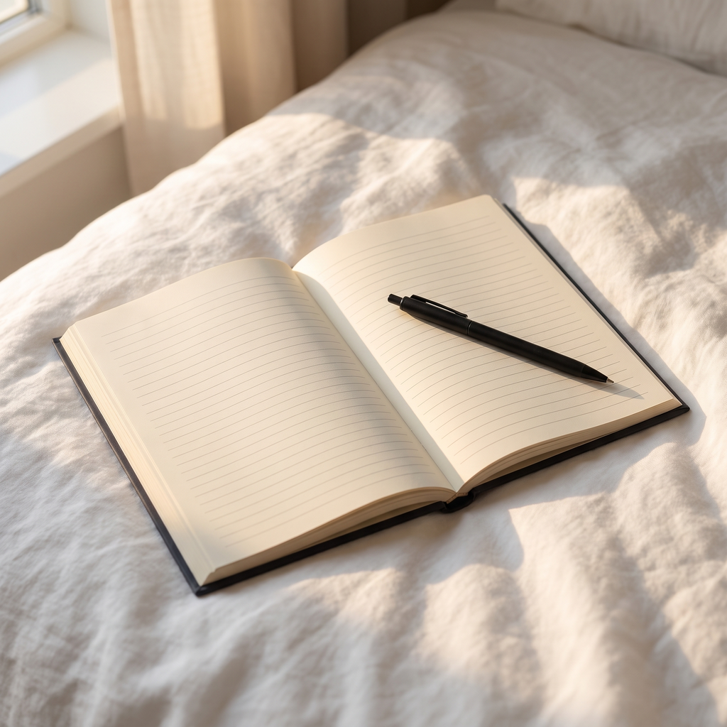 Nuet journal åben med linjerede sider og pen